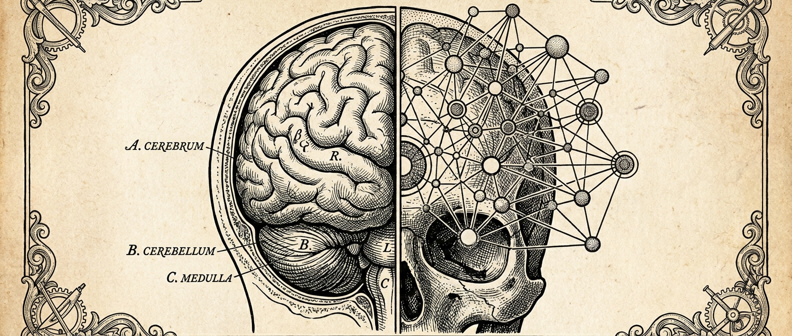 一半人脑解剖、一半神经网络节点的木刻对照