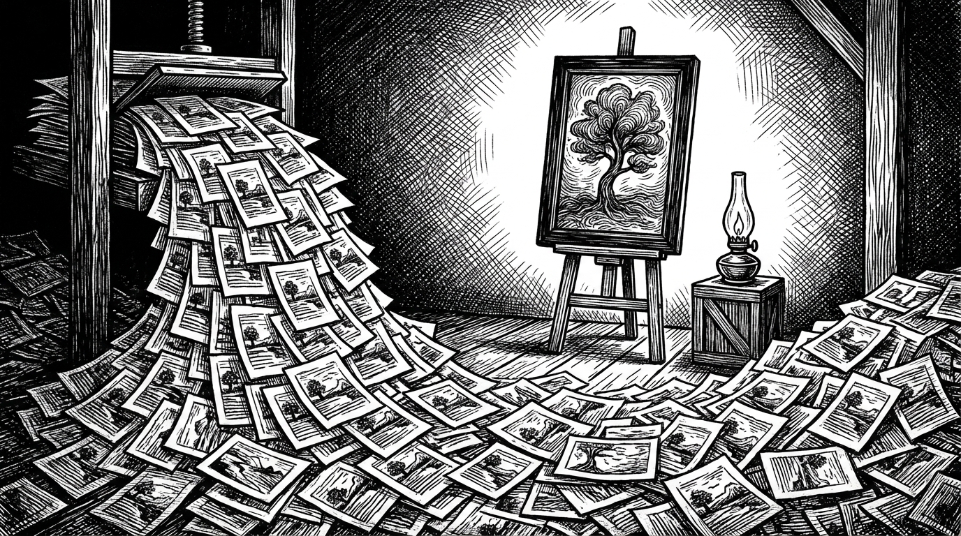 洪水般的相同印刷品涌出，中央一幅独一无二的原作静静立在画架上